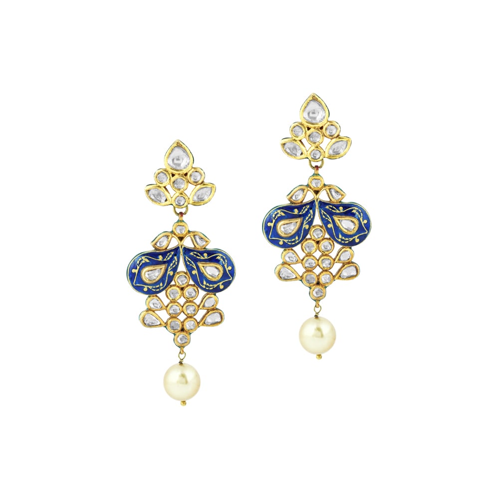 Polki Earrings with Blue Enamel and Pearl Drop